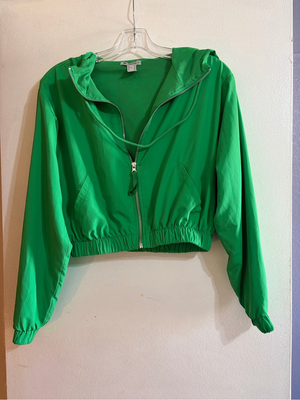 Forever 21 Cropped Green Hooded Windbreaker Jacket